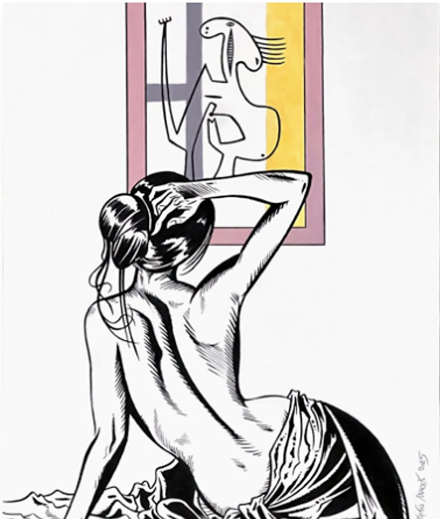 Akt na bílém pozadí — Picasso vs. Mareš aneb Panna a netvor, 2025, Tuš a akryl na kartonu